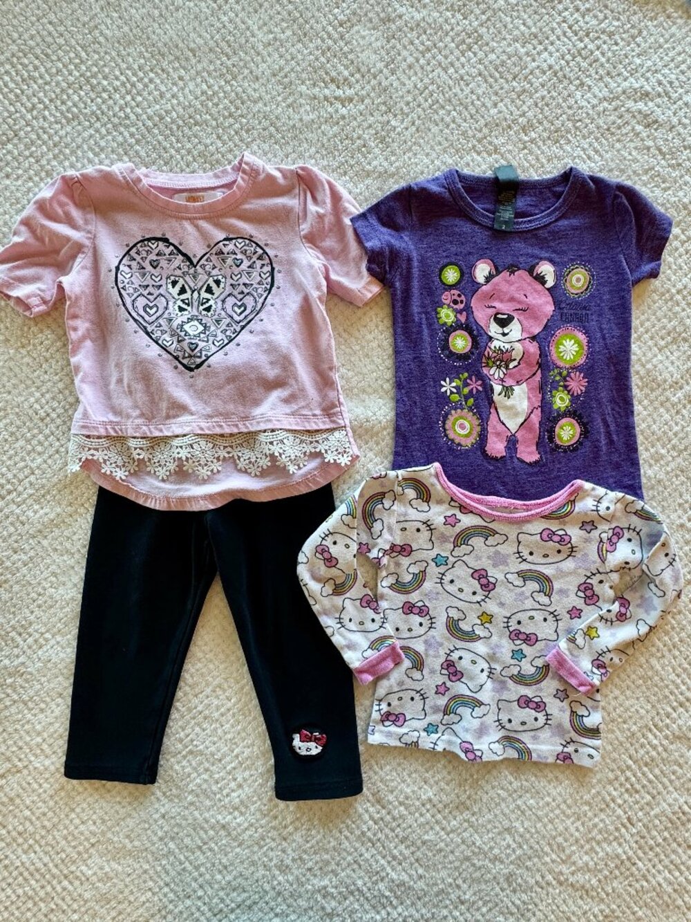 Mixed KAWAII Girls 2T Hello Kitty Black Jogger Pants 3 Tops Playful Graphic Pink